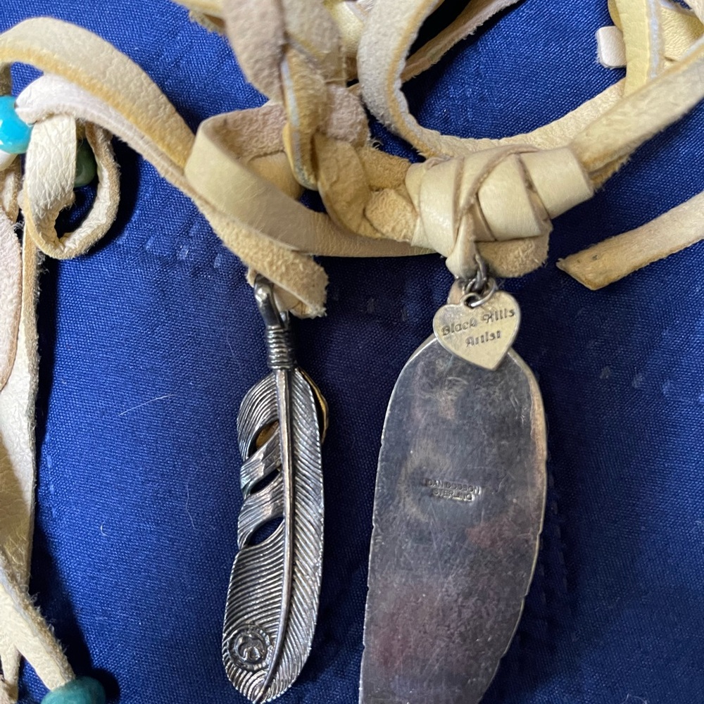 Braided Suede Belt with Feather Charms and Beads - Sterling and Turquoise - Picture 3 of 4